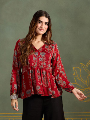 KARN KAWACH Women Printed Flared Kurta(Beige, Maroon, Orange)