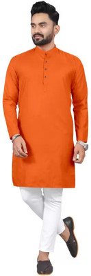 Shree Dutt Creation Men Solid Straight Kurta(Orange)
