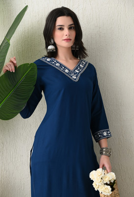 PHYSIL Women Embroidered Straight Kurta(Blue)