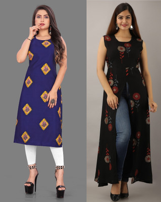 Modli 20 Fashion Women Printed Straight Kurta(Blue, Black)