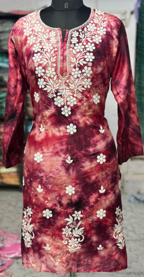 MS CHIKAN Women Embroidered Straight Kurta(Blue)