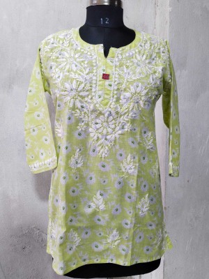 Lucknow Chikan Art Women Chikan Embroidery A-line Kurta(Yellow)