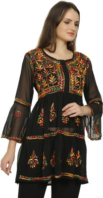 KAYRAAH Women Chikan Embroidery Straight Kurta(Black)