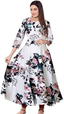 Savitri collection Women Floral Print Anarkali Kurta(White)