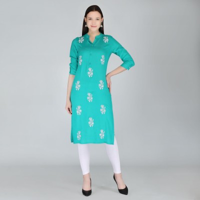 Mauka Women Embroidered Straight Kurta(Blue, White)