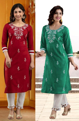 vikshi Women Chikan Embroidery Straight Kurta(Green, Maroon)