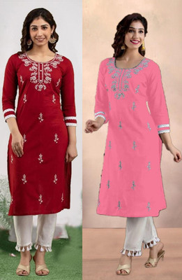 HouseOfCommon Women Embroidered Straight Kurta(Multicolor)