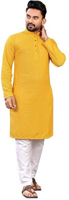 JENZEE Fashion Men Embellished, Embroidered Straight Kurta(Yellow)