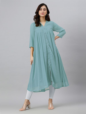 Janasya Women Woven Design Frontslit Kurta(Blue)