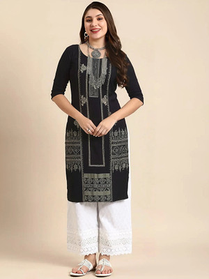 SZN Women Printed A-line Kurta(Black)
