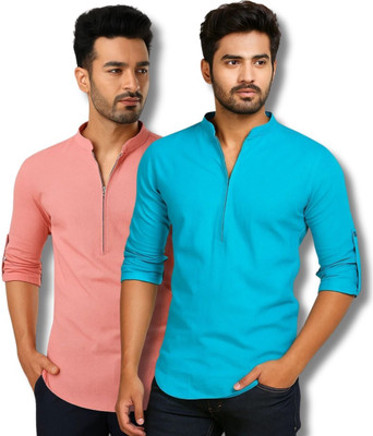 RAREMARK Men Solid Straight Kurta(Pink, Blue)