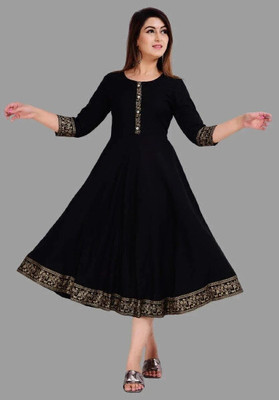queen Consort Women Solid, Printed Anarkali Kurta(Black)
