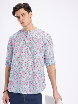 Anouk Rustic Men Floral Print Straight Kurta(Blue)