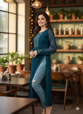 fivaniyo trends Women Chikan Embroidery A-line Kurta(Green)