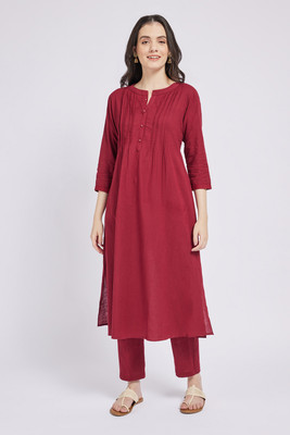 Span Women Self Design A-line Kurta(Red)