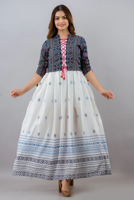 jaipurite Women Printed Flared Kurta(White, Blue)