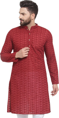 JS COLLECTION Men Chikan Embroidery Straight Kurta(Maroon)