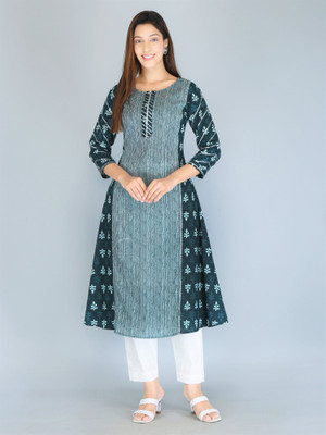 Kriftee Women Printed A-line Kurta(Green)
