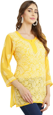 Neelam Chikan Women Embroidered Straight Kurta(Yellow)