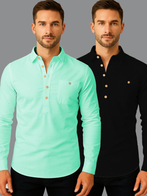 LENIA Men Solid A-line Kurta(Light Blue)