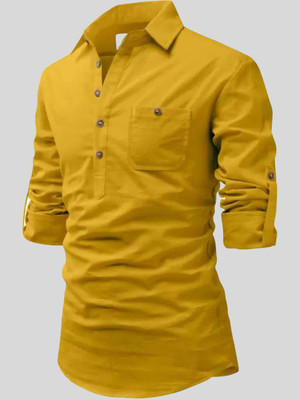 Life Roads Men Solid Pathani Kurta(Yellow)