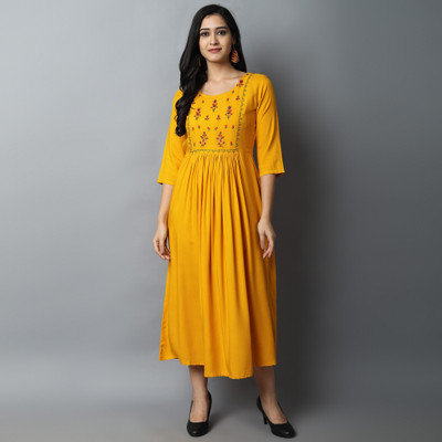 Kriska Women Embroidered A-line Kurta(Yellow)
