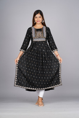 Keep it casual Women Printed Frontslit Kurta(Black)
