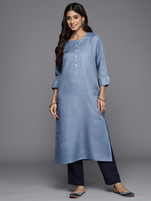 Indo Era Women Solid Straight Kurta(Blue)