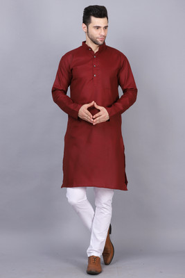 ORIFAB Men Solid Straight Kurta(Maroon)