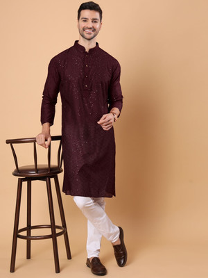 House of Pataudi Men Embellished Straight Kurta(Maroon)