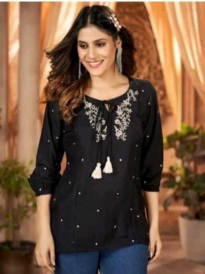 NKRM Women Embroidered Straight Kurta(Black)