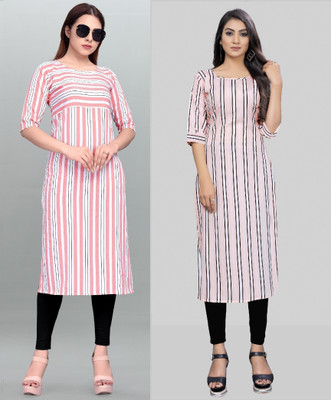 maruti fab Women Striped, Floral Print Straight Kurta(White)