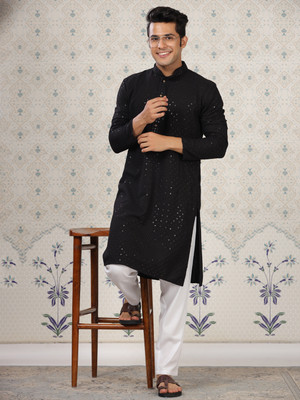 House of Pataudi Men Embroidered Ethnic Dress Kurta(Black)