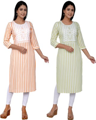 Kundan Women Striped Straight Kurta(Green, Orange)