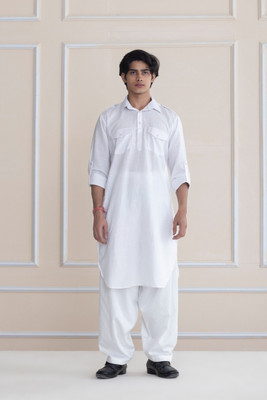 SHROBH Men Solid Pathani Kurta(White)