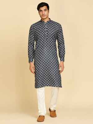 Rajubhai Hargovindas Men Printed Straight Kurta(Dark Blue)
