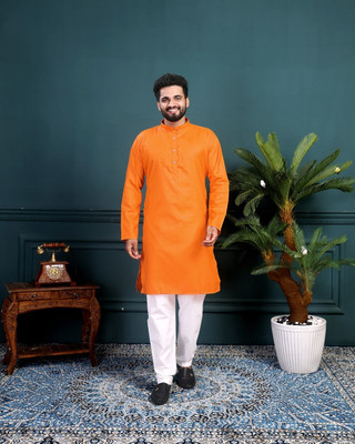 ORIFAB Men Solid A-line Kurta(Orange)