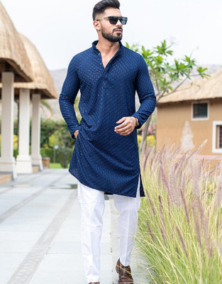 FOXDX Men Chikan Embroidery, Printed Straight Kurta(Blue)