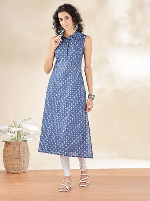 ANOUK Women Geometric Print Straight Kurta(Blue)