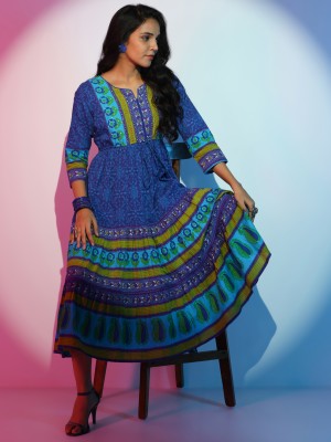 LIBAS Women Printed Flared Kurta(Blue)