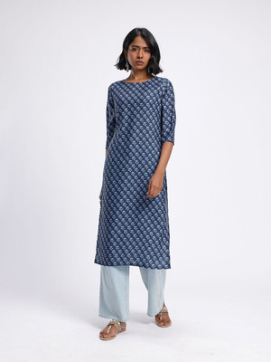Anouk Rustic Women Floral Print Straight Kurta(Blue, White)
