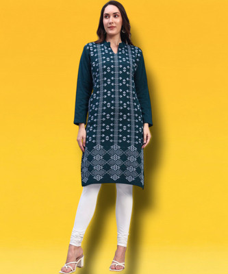 HEMLOCK Women Printed Straight Kurta(Blue)