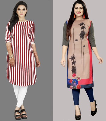tanvi creation Women Striped Straight Kurta(Beige, Red)