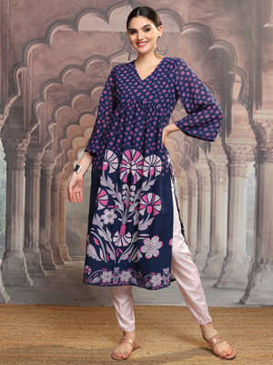 Vishudh Women Printed A-line Kurta(Blue)