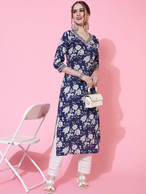 Toryan Women Floral Print Straight Kurta(Blue)