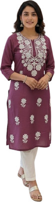 TSQUARE Women Embroidered, Chikan Embroidery, Floral Print, Solid Straight Kurta(Purple)