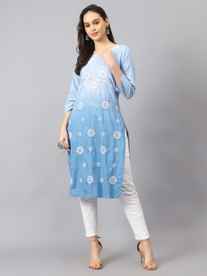 The Chikankari Story Women Embroidered Straight Kurta(Blue)