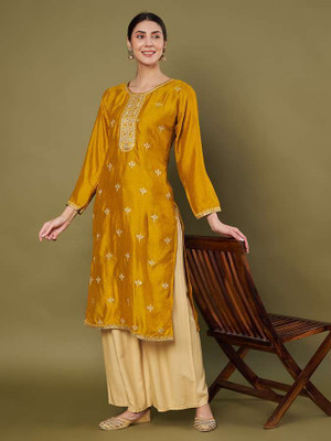 GOSIRIKII Women Embellished, Embroidered Straight Kurta(Yellow)