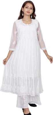 ADR CHIKAN Women Embroidered Anarkali Kurta(White)