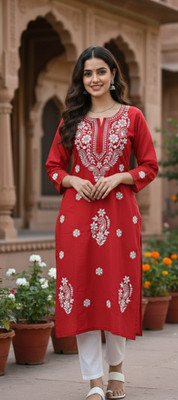 CHIKANKRI Women Chikan Embroidery Straight Kurta(Pink)